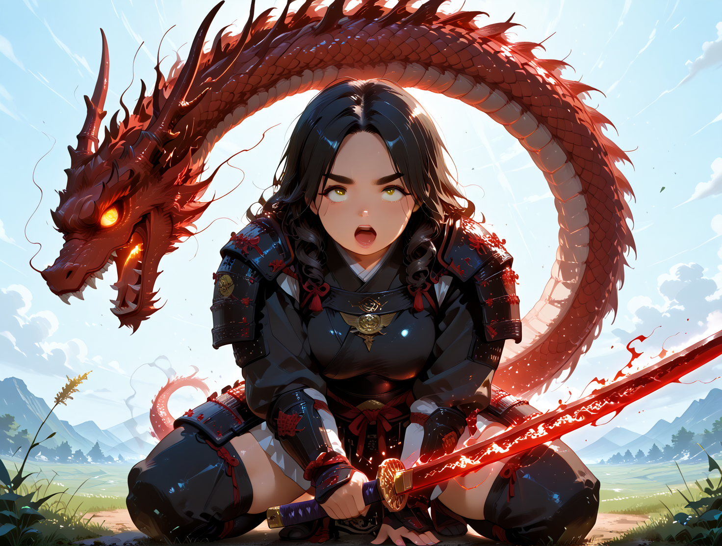 IllusP0s, PonyScores7, source_anime, ah1, IllustriousQual, interesting, exciting, spectacular, wonderful, amazing quality, absolutely eye-catching, 
BREAK <lora:xl_more_art-full_v1:0.2>, <lora:aesthetic_anime_v1s:0.2>, <lora:EpicF4nta5yXL:0.2>, <lora:detailxl:0.2>, detailxl, <lora:Fant5yP0ny:0.2>, amazing quality, best aesthetic, absurdres, illustration, Volumetric_Lighting, ultra-detailed, very aesthetic, intricate details, best_quality, <lora:Add_Details_v1.2:0.4>, <lora:quality_modifiers_masterpieces_v1:0.2>, <lora:ZootPonyAnime_V1_r2:0.2>, <lora:Bestifacator2:0.2>,
BREAK ((dynamic pose, action pose, combat pose, wielding katana, holding katana)),
BREAK Stable_Yogis_PDXL_Positives, AS-Adult, <lora:Complicated fantasy portrait - XL Pony V2.0:0.2>, bad-hands-5, <lora:HDA_Detailer:0.3>, <lora:natsumi_style:0.5>, <lora:by_usakun-pony:0.4>, by usakun, <lora:Akina_Bbw_Style_-_PonyXL:0.2>, AkinBw, ((Handheld Shot)),
BREAK 1girl, mature female, (curvy), round-chin, caucasian, <lora:ETO_OC_Illustrius:0.5>, eto_oc, skindentation, (plump), thick thighs, wide hips, busty, voluptuous, <lora:venus body PonyXL:0.3>, <lora:shinyskin2:0.2>, glistening skin, HDA_FatGirlXL, round ass, large breasts, <lora:plussizegirls_IL:0.3>, <lora:plussizegirls_pony:0.3>, <lora:perfection style:0.2>, perfection style, perfection, 
BREAK ((<lora:ElementalDragonSamuraiIL:0.7>, samurai armor, katana is detailed with a medium dark red glowing dragon swirling around the blade, (Dragon Samurai:1.2), dragon engraved on sword, dragon on katana, glowing katana)),
BREAK (curly hair), long hair, (black hair:1.4), (parted hair:1.7), messy hair, kinky curls, <lora:hairdetailpxl:0.2>, hairdetailpxl,
BREAK (half green and brown eyes), (colorful eyes), (multicolored eyes), (downturned eyes:1.4), expressive eyes, <lora:perfect-eyes:0.4> perfecteyes , EyesHD, (round face:1.2), (thick eyebrows:1.3), (plump face), <lora:Round_face:0.2>, lips, <lora:DetailedEyes_xl_bdsqlsz_V1:0.2>, <lora:Eyes_Lora_Pony_Perfect_eyes:0.2>, <lora:focusoneyes:0.2>, <lora:cinematic eye color style illustrious v1:0.2>,
BREAK ((open mouth expression)), <lora:Expressive_H:0.2>, Expressiveh, <lora:Emotional_Anime_Expressions_PonyXL_Concept:0.2>, emotional, <lora:Best_Facial_Expression_LoRA_PONY:0.2>, looking at viewer, <lora:Detailed expressive EXEV style -XL Pony V1.0:0.2>, FaceDetail, <lora:Best_Facial_Expression_Helper_XTREME_ILLU:0.4>, kaogei,
BREAK (((Elemental spirits fighting for elemental nexus))), <lora:Background Detailer - SDXL:0.8>, 4k, 8k, Ultra HD, Masterpiece, Best quality, Detailed background, <lora:Add_more_details_V2_XLpony:0.2>, full_details, <lora:background-type1:0.2>, <lora:Anime_Aesthetic_Wallpaper_StyleIllustriousXL:0.2>, aniwall,|