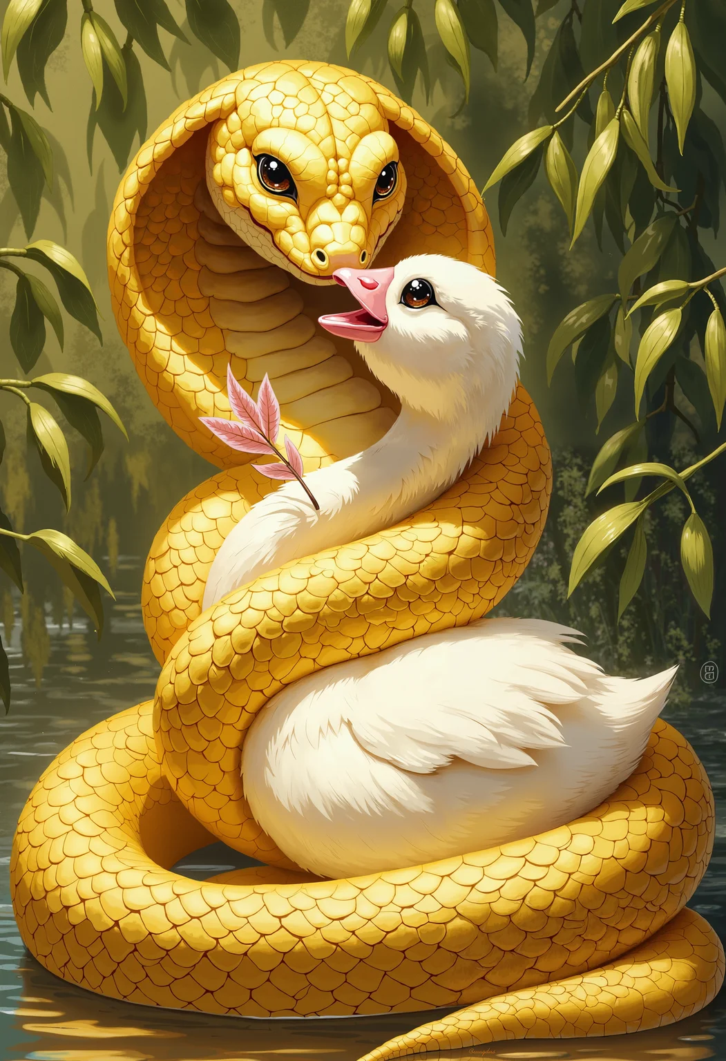 bo-snake, a oil paint on canvas of a world of mystical anime snake, dark fantasy, A golden-yellow, stylized serpent, with small, round, black eyes that sparkle with an ancient knowing, gracefully coils around the neck of a plump, snowy-white goose. The serpent's scales shimmer with a subtle opalescent iridescence, catching the warm, dappled sunlight filtering through the leaves of a nearby willow. The goose, preening a delicate, ivory feather with its tiny pink beak, tilts its head inquisitively, its gaze meeting the serpent's knowing stare. Sunlight, warm and diffused, paints the scene with a honeyed hue, highlighting the soft curves of the bird's body and the intricate, almost patterned scales of the snake. A gentle, almost imperceptible breeze, carrying the sweet scent of wild roses and damp earth, rustles the tall reeds at the edge of a shallow, clear pond. The goose's soft, downy feathers, cool and smooth against the touch, contrast strikingly with the cool, dry, smooth scales of the snake, creating a delicate balance of textures in the serene morning light. The scene hums with a quiet, almost mystical, peace.<lora:boFLUX Year of the Snake.safetensors:1.0:1.0>