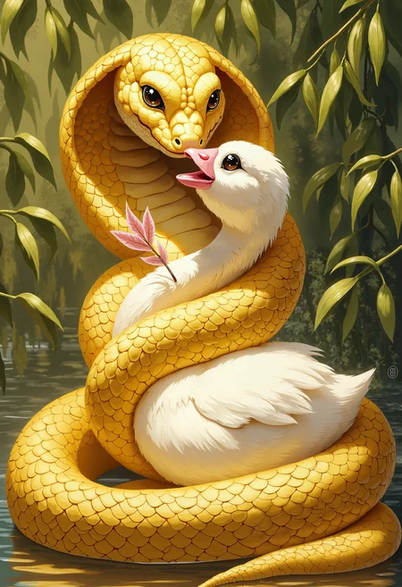 bo-snake, a oil paint on canvas of a world of mystical anime snake, dark fantasy, A golden-yellow, stylized serpent, with small, round, black eyes that sparkle with an ancient knowing, gracefully coils around the neck of a plump, snowy-white goose. The serpent's scales shimmer with a subtle opalescent iridescence, catching the warm, dappled sunlight filtering through the leaves of a nearby willow. The goose, preening a delicate, ivory feather with its tiny pink beak, tilts its head inquisitively, its gaze meeting the serpent's knowing stare. Sunlight, warm and diffused, paints the scene with a honeyed hue, highlighting the soft curves of the bird's body and the intricate, almost patterned scales of the snake. A gentle, almost imperceptible breeze, carrying the sweet scent of wild roses and damp earth, rustles the tall reeds at the edge of a shallow, clear pond. The goose's soft, downy feathers, cool and smooth against the touch, contrast strikingly with the cool, dry, smooth scales of the snake, creating a delicate balance of textures in the serene morning light. The scene hums with a quiet, almost mystical, peace.<lora:boFLUX Year of the Snake.safetensors:1.0:1.0>