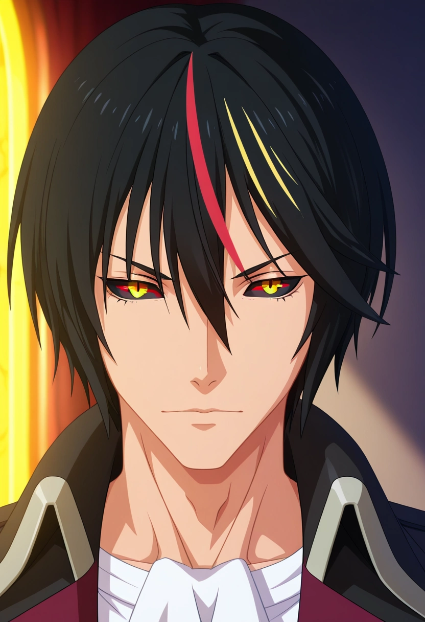 masterpiece, best quality, intricate details, (3d:0.4), looking at viewer, 1boy, solo, male focus, <lora:diablo_tensura_ilxl:0.94>, diablo_tensura, black hair, yellow eyes, multicolored hair, streaked hair, red hair, hair between eyes, colored sclera, black sclera, , ,
