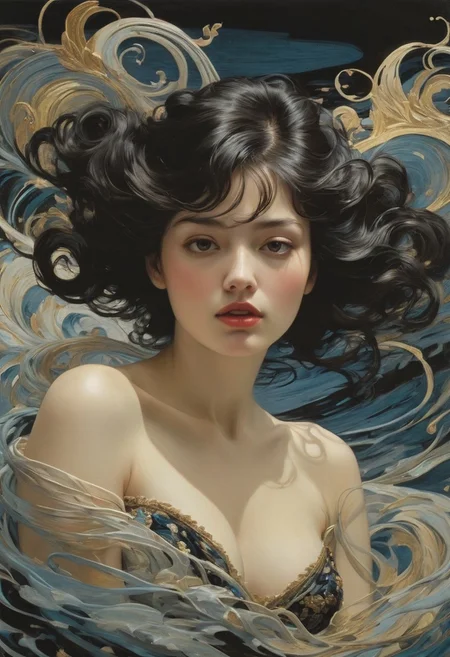 (Soft Lighting Photography by Mimoza Veliu and Mario Giacomelli:1.2), NSFW, romanticism art by Jean-Leon Gerome and Conrad Roset, Painting, singularity black rivers ripple their banks in the depth-spanning evocative form of this pullarist and whimsical creation: one with an intelligent figure who radiatest passion and intelligence. She wearstrupted into her impressionist physique to decipher what she wants out. She moves confidently across all shapes and sizes crafted from high fiber, carrying through a swirly energy network in which they are filled with complex parts. It is both terrifying for viewers and captivating melancholic. , luxurious sharp focus, intense, dynamic cinematic color, intricate detail, best, located artistic, Fashion and art,elegant and sophisticated, innovative use of light and shadow, capturing the glamour of mid-20th century fashion, Art Nouveau, decorative, allegorical, symbolic