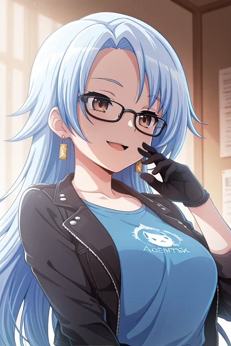masterpiece, best quality, amazing quality,
 <lora:Shiro_IL:1> shiro, 1girl, gloves, long hair, glasses, solo, jacket, black jacket, black gloves, breasts, open mouth, shirt, smile, blue hair, blue shirt, medium breasts, brown eyes, black-framed eyewear, jewelry, open jacket, upper body, bangs, agentsk