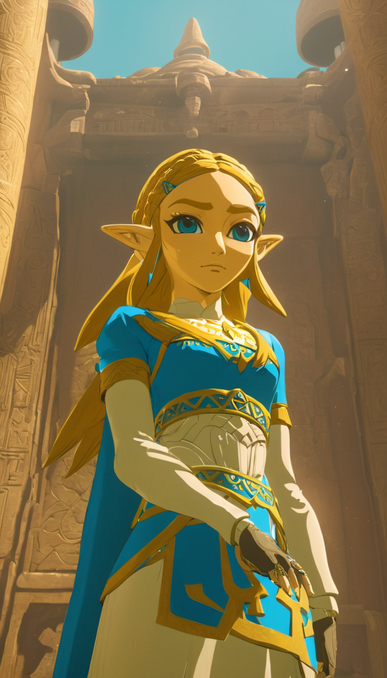Cinematic scene, close-up, Princess Zelda <lora:zelda_v0.0.1:1>, temple, detailed background, masterpiece, best quality, high quality, absurdres