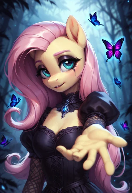 core_9, score_8_up, score_7_up, score_5_up), Fluttershy, anthro, pony, split-colored hair (half black, half purple, high priority), PRSNL3, flowing hair, gothic makeup, dark gothic background, eerie forest setting with detailed fog and shadows, expressive pose (one hand reaching out, slightly tilted head), glowing black butterflies surrounding, dramatic moonlight, subtle bone-like glow from within, intricate shadows and highlights, (highly detailed, vibrant colors