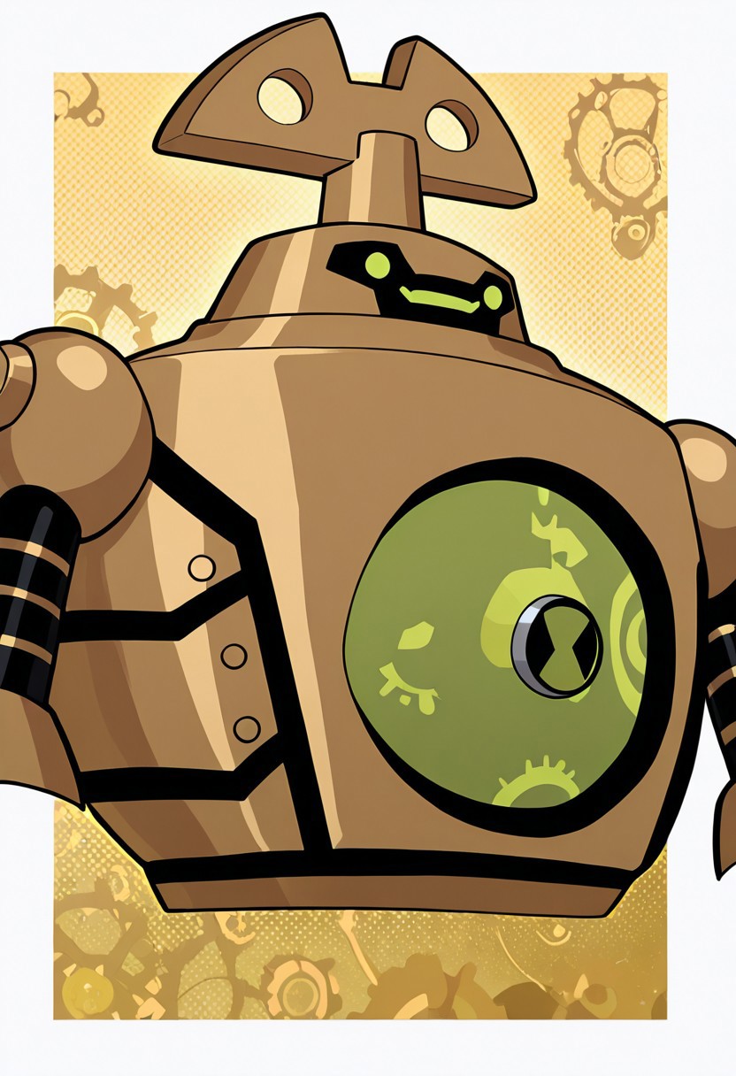 masterpiece, best quality, amazing quality, very aesthetic, absurdres, newest,  golden gears,,  clockwork, robot, solo, no humans, green eyes,  golden background,  White borders, no legs, gears background,  missing legs, close up shot, smile,, upper body, halftone effect, white borders, abstract background:1.2,