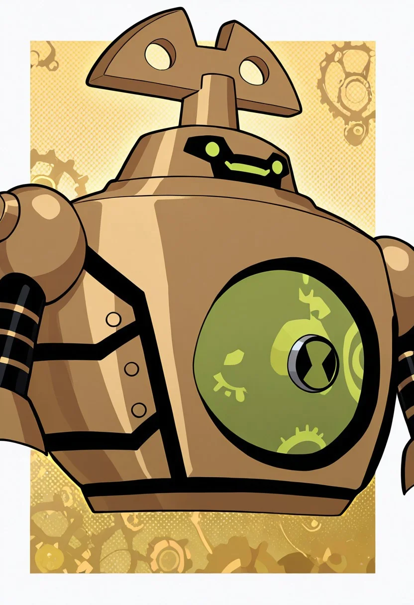 masterpiece, best quality, amazing quality, very aesthetic, absurdres, newest, golden gears,, clockwork, robot, solo, no humans, green eyes, golden background, White borders, no legs, gears background, missing legs, close up shot, smile,, upper body, halftone effect, white borders, abstract background:1.2,