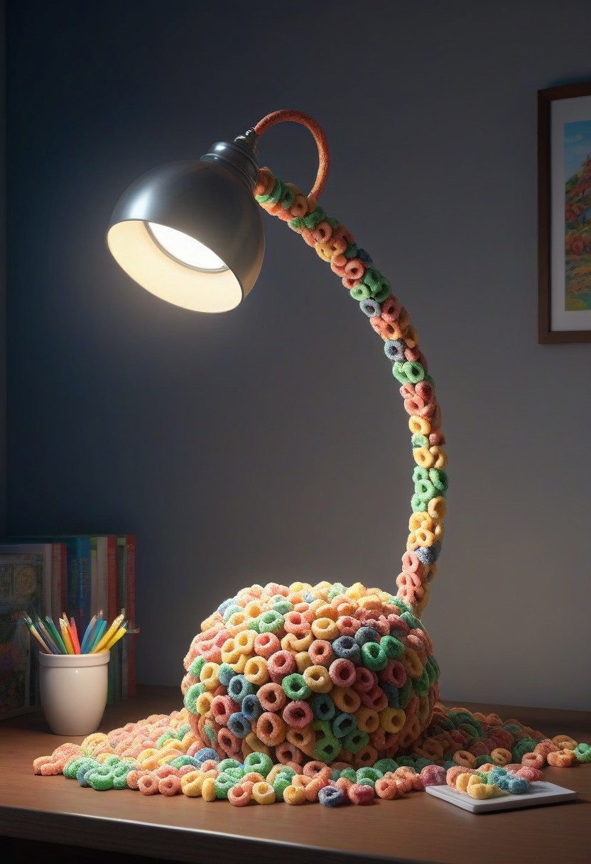 made of Fruit loops , epic picture of a desk lamp on a table, highly detailed, masterpiece, dramatic cinematic lighting, unforgettable, very intricate, high detail , photorealistic detail, ultra-realism , photorealistic,  ultra detailed ,octane render,    <lora:FruitLoopStyle_epoch_9:0.4>