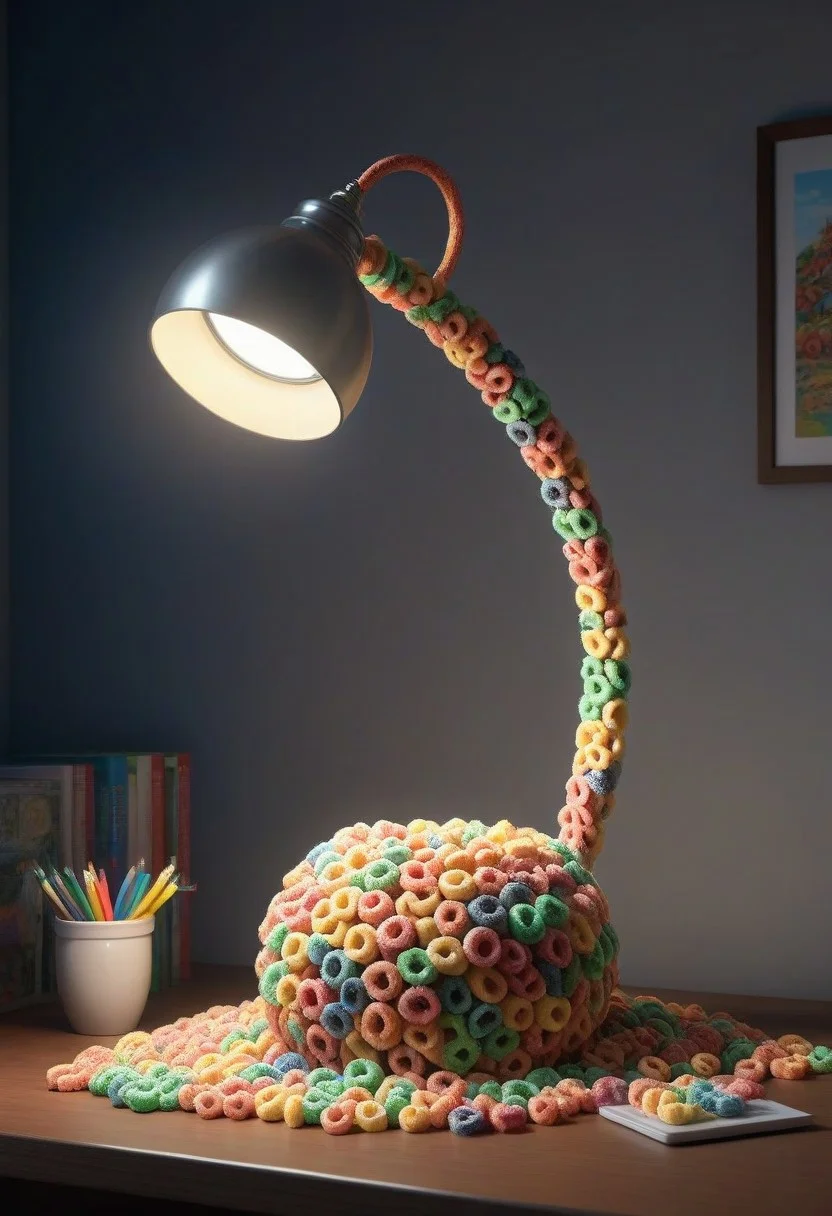 made of Fruit loops , epic picture of a desk lamp on a table, highly detailed, masterpiece, dramatic cinematic lighting, unforgettable, very intricate, high detail , photorealistic detail, ultra-realism , photorealistic, ultra detailed ,octane render, <lora:FruitLoopStyle_epoch_9:0.4>