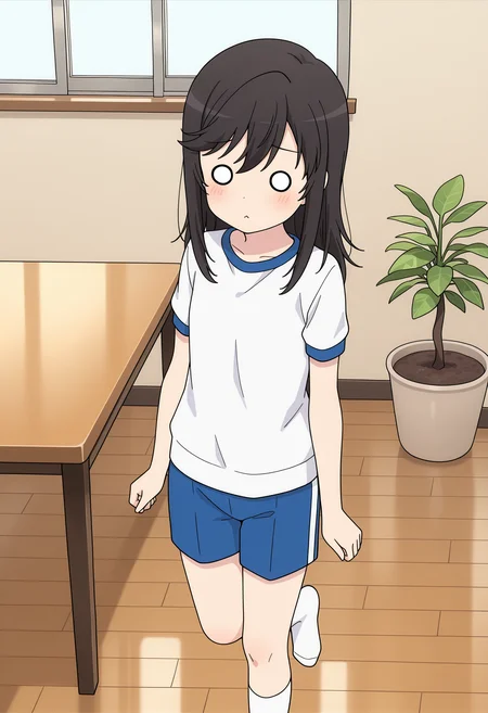 masterpiece, best quality, high resolution, source_anime, highly detailed illustration, detailed eyes,
very aesthetic, absurdres, newest, amazing quality,
1girl, solo,
<lora:shiIchijouHotaruV1ill:1>, shihotaruichi, 1girl, solo, long hair, shirt, black hair, standing, shorts, socks, indoors, kneehighs, window, white socks, table, parody, standing on one leg, plant, t-shirt, gym uniform, wooden floor, o o, potted plant