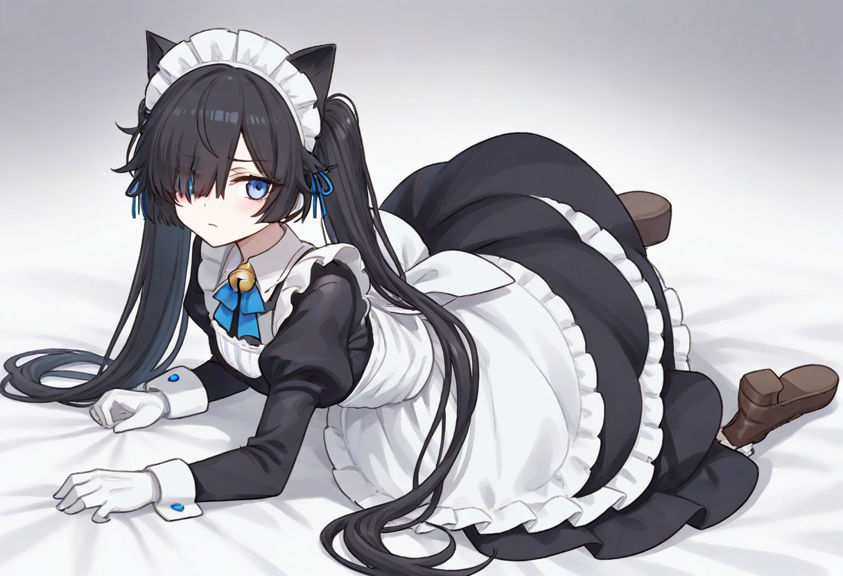 (Maid-kasli), solo, white gloves, dress, hair over one eye, maid apron, blue eyes, twintails, cat ears, maid headdress, maid, gloves, 1girl, apron, juliet sleeves, long sleeves, long hair, black hair, animal ears, bell,(Fall down),