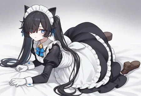 (Maid-kasli), solo, white gloves, dress, hair over one eye, maid apron, blue eyes, twintails, cat ears, maid headdress, maid, gloves, 1girl, apron, juliet sleeves, long sleeves, long hair, black hair, animal ears, bell,(Fall down),