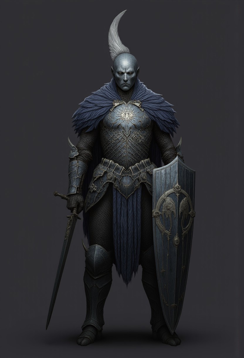A feathered knight with a cape, holding a templar shield, and a gladiator sword
Set against a solid dark color background to emphasize its unsettling unnatural form that emphasizes its silhouette. The medium is not a traditional painting or illustrative medium like watercolor or ink but rather a digital 3D rendering.
MikeFranchinastyle, d4artstyle, d4concept, , bbstyle,, horror theme,, zbrush, ZBClay model of a gray sculpture, 1990's, 1990's style