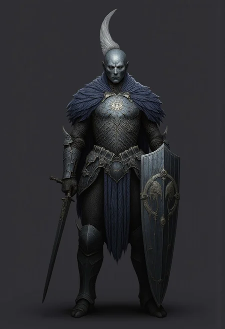 A feathered knight with a cape, holding a templar shield, and a gladiator sword
Set against a solid dark color background to emphasize its unsettling unnatural form that emphasizes its silhouette. The medium is not a traditional painting or illustrative medium like watercolor or ink but rather a digital 3D rendering.
MikeFranchinastyle, d4artstyle, d4concept, , bbstyle,, horror theme,, zbrush, ZBClay model of a gray sculpture, 1990's, 1990's style