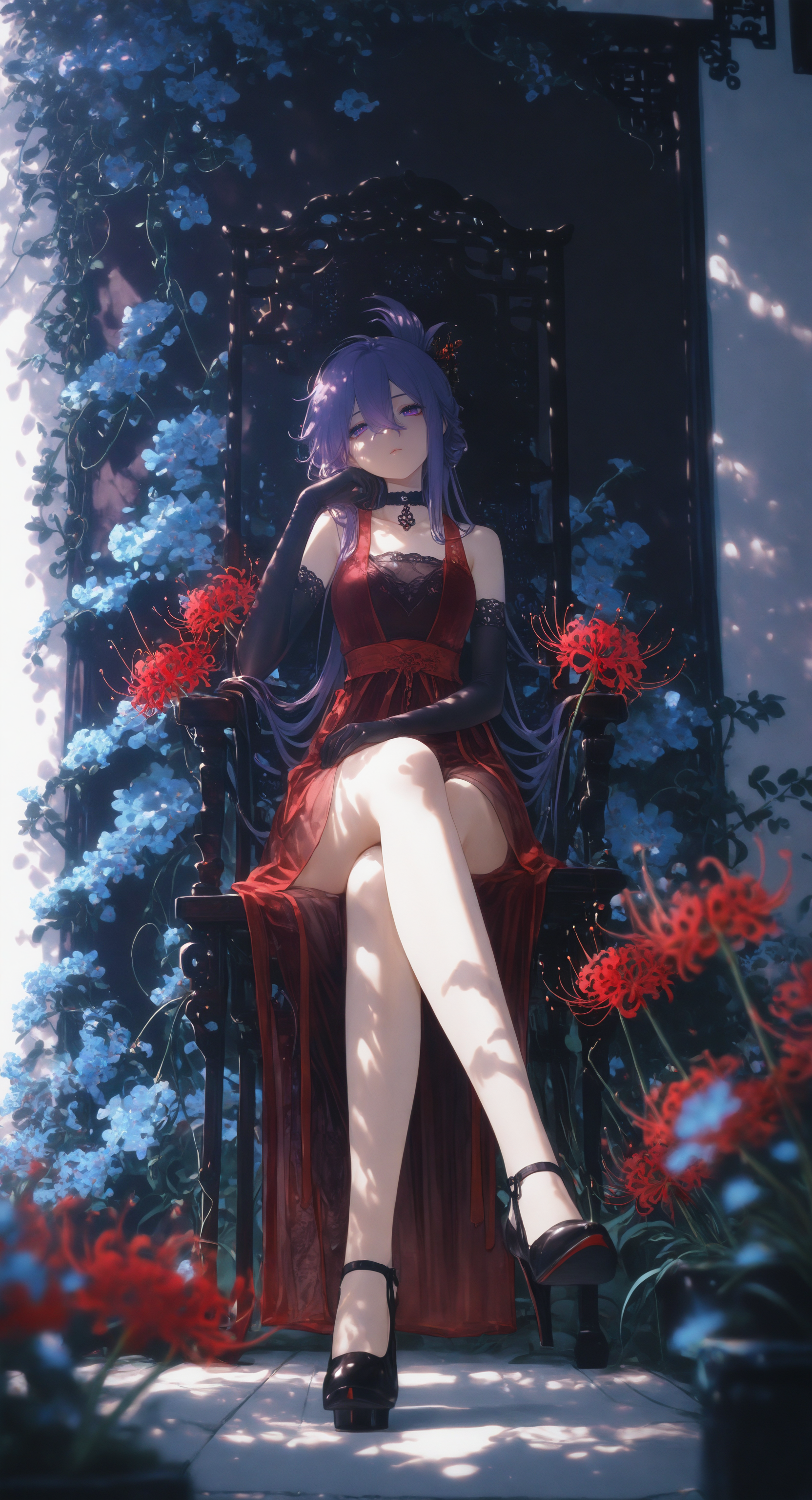 masterpiece, best quality, good quality, newest, highres, absurdres, 1girl, purple hair, folded ponytail, hair between eyes, purple eyes, very long hair, delicate hanfu, red hanfu, see-through, black choker, black elbow gloves, bare legs, black strappy heels, sitting on a Chinese classical chair, looking at viewer, arm on lap, head rest, resting head on hand, crossed legs,
garden, vines, blue flowers, red spider lily,deep shadows, wide shot, full body,
sidelighting,dappled sunlight, soft shading, Blurred foreground <lora:illustriousXL_stabilizer_v1.23:0.3> <lora:NOOB_vp1_detailer_by_volnovik_v1:0.3> <lora:ponyv6_noobE11_2_adamW-000017:0.45> <lora:Illustrious:0.15> <lora:XXX667:0.5> <lora:WSSKX_WAI:0.75>