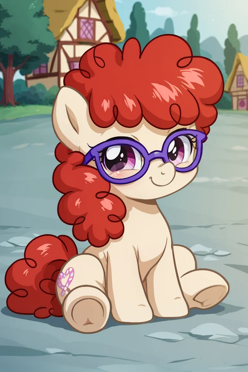 score_9, score_8_up, score_7_up, score_6_up, score_5_up, score_4_up, 1girl, solo, cute, (rsd, vum:0.8), (pdcu:0.6), twist, filly, purple glasses, purple eyes, tan fur, red hair, feral, pony, outdoors, ponyville, sitting, cute