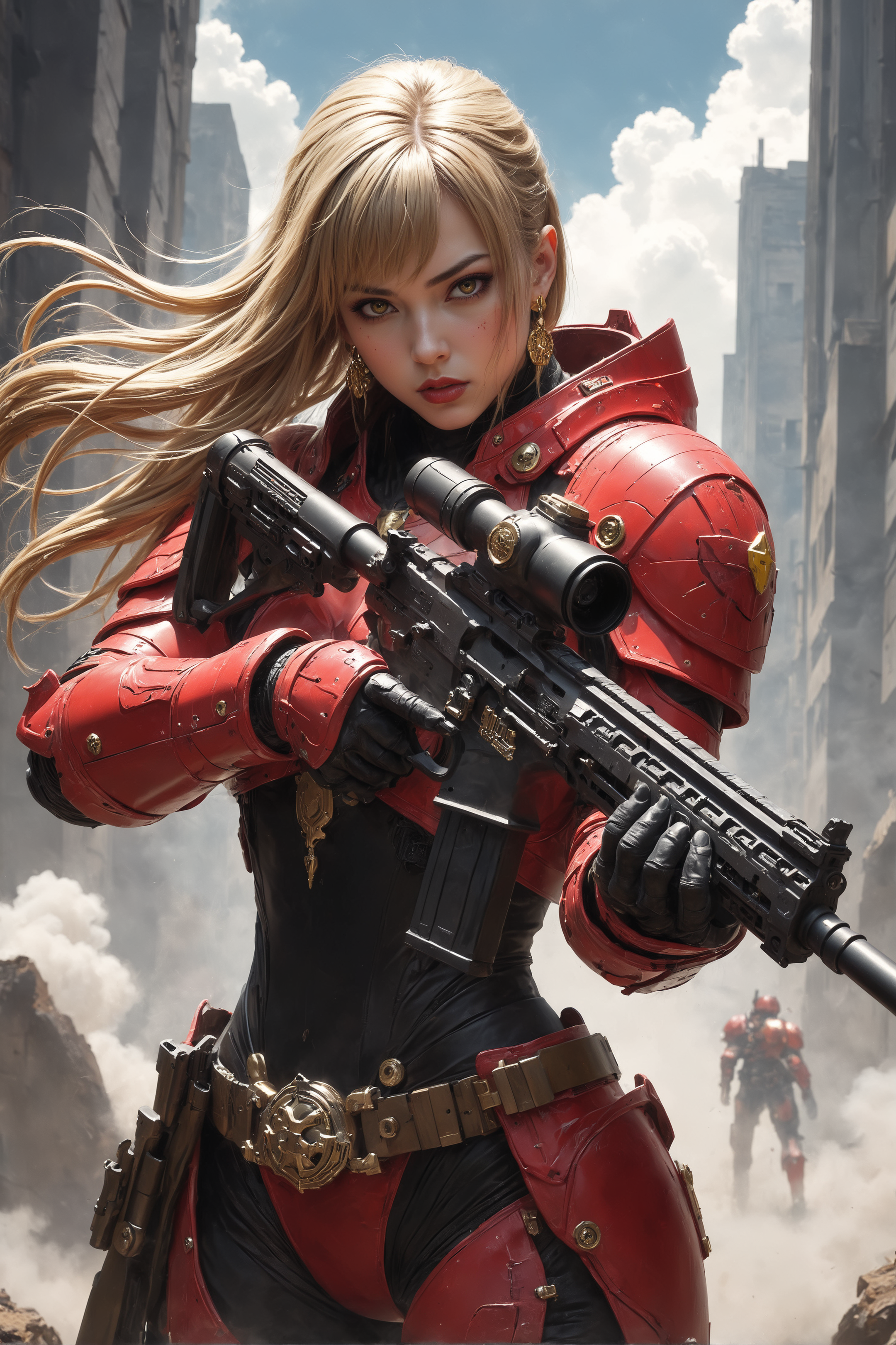 detailed renaissance oil painting, masterpiece, FredFraiStyle, an oriental female cyberpunk space Warrior in red power armor with bright yellow embellishments, long blonde flowing hair, bangs, earrings, dark eyeshadow, red lips, holding a sniper rifle, aiming, dynamic pose,in a battle on a futuristic city street, smoke hanging in the air, ruins and smoking damaged buildings, directional lighting, masterpiece, mythp0rt, perfect composition, perfect hands, cowboy shot,<lora:FredFraiStyle-FLUX-Share>,