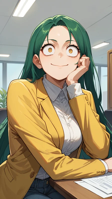 score_9,score_8_up,score_7_up,score_6_up, <lora:xl_more_art-full_v1:0.5>, source_anime, woman, dynamic pose, head rest, <lora:Tomoko Shiretoko (Ragdoll) - Pony:0.8>, long hair, green hair, yellow eyes, yellow suit, suit jacket, white collar shirt, jeans, office, constricted pupils, light smile, closed mouth,