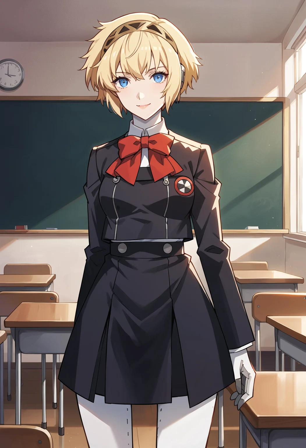 score_9, score_8_up, score_7_up, score_6_up, score_5_up, score_4_up, source_anime
(masterwork, masterpiece, best quality, hyper-detailed :1.3),
1 girl, solo,
p3aigis, aegis (persona), android, short hair, blonde hair, hairband,
p3aigis-uniform, gekkoukan high school uniform, bow, ribbon, jacket, black jacket, long sleeves, skirt, black skirt, kneehighs
classroom, looking at viewer, faint smile,