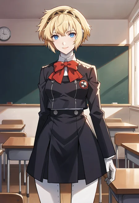 score_9, score_8_up, score_7_up, score_6_up, score_5_up, score_4_up, source_anime
(masterwork, masterpiece, best quality, hyper-detailed :1.3),
1 girl, solo,
p3aigis, aegis (persona), android, short hair, blonde hair, hairband,
p3aigis-uniform, gekkoukan high school uniform, bow, ribbon, jacket, black jacket, long sleeves, skirt, black skirt, kneehighs
classroom, looking at viewer, faint smile,