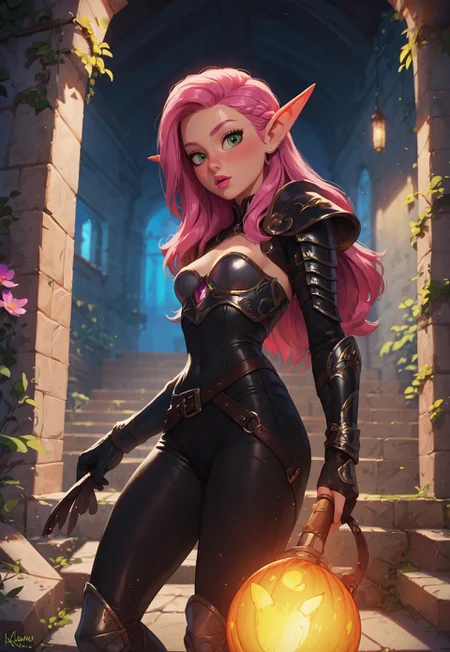 safe_pos, score_9, score_8_up, score_7_up, pov from the side, dynamic pose, beautiful, pink hair, female elf, glowing green eyes, long hair, small breasts, pink lipstick, dark black leather armor, holding enchanted shortsword, dungeon background,
BREAK
(((fully clothed)))