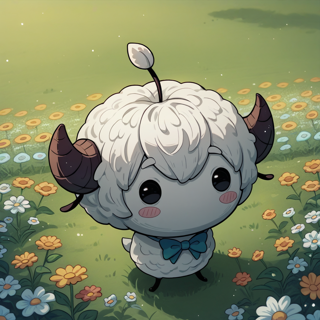 score_9, score_8_up, <lora:NSJunimoStardew:1> NSJunimoStardew, white skin, blush stickers, no mouth, solid circle eyes, black eyes, sprout on head, creature, no humans, white hair, ahoge, sheep horns, flower field, bowtie, happy