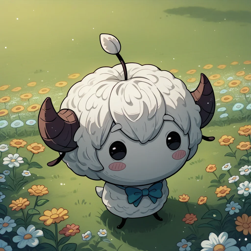 score_9, score_8_up, <lora:NSJunimoStardew:1> NSJunimoStardew, white skin, blush stickers, no mouth, solid circle eyes, black eyes, sprout on head, creature, no humans, white hair, ahoge, sheep horns, flower field, bowtie, happy