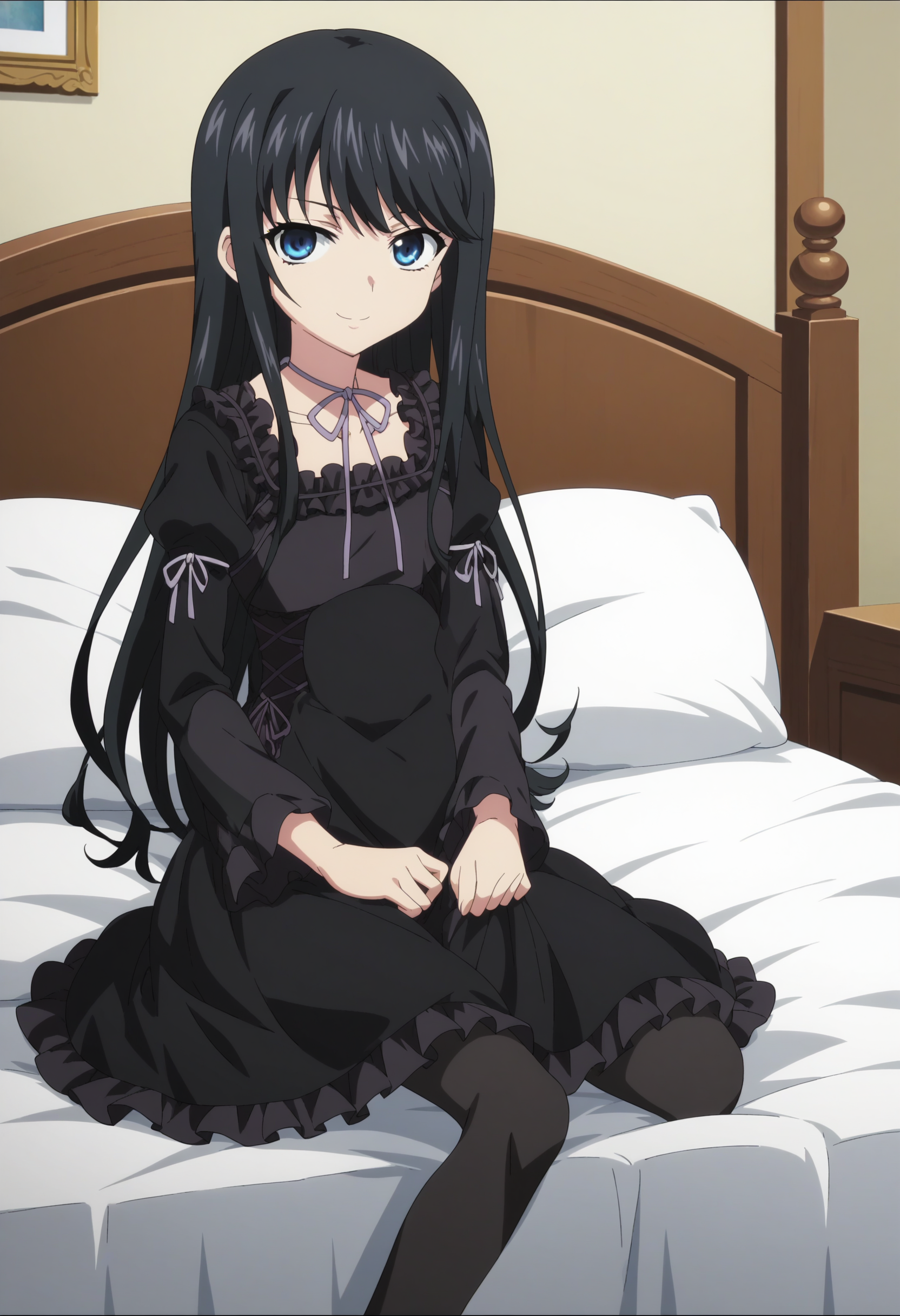 score_9, score_8_up, score_7_up, score_6_up, score_5_up, score_4_up , anime coloring ,BREAK source_anime, anime,screencap,
1girl, solo, natsukim,black dress, gothic dress, black pantyhose, long sleeves,  <lora:PonyXL STB Natsuki V1:1>
indoors,bedroom
smile, looking at viewer, sitting on bed,