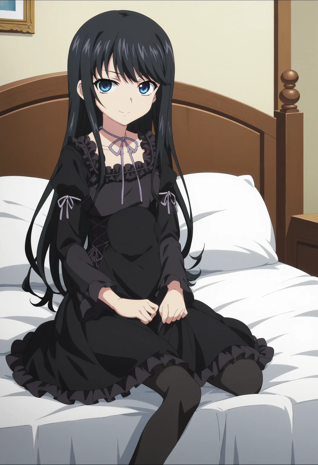 score_9, score_8_up, score_7_up, score_6_up, score_5_up, score_4_up , anime coloring ,BREAK source_anime, anime,screencap,
1girl, solo, natsukim,black dress, gothic dress, black pantyhose, long sleeves, <lora:PonyXL STB Natsuki V1:1>
indoors,bedroom
smile, looking at viewer, sitting on bed,
