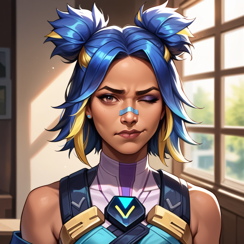 <lora:neon_valorant_xl:0.5> neon_valorant, sad, smirk, one eye closed, realistic , indoors,  dark skin,, score_9, score_8_up, score_7_up, source_anime,