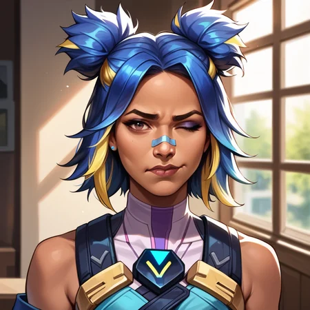 <lora:neon_valorant_xl:0.5> neon_valorant, sad, smirk, one eye closed, realistic , indoors, dark skin,, score_9, score_8_up, score_7_up, source_anime,