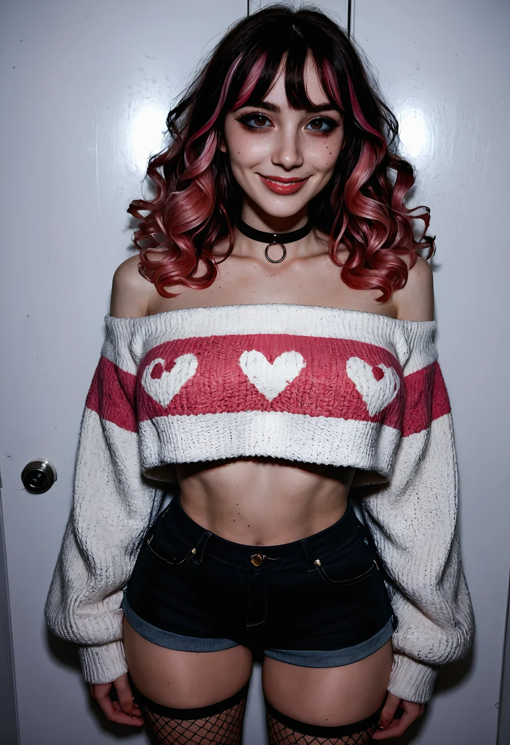 score_9, score_8_up, score_7_up,1girl, beautiful face, smirk, pink hair, wavy hair, two-tone hair, curtain bangs, choker, subtle makeup, glossy lips, slender body, wide hips, narrow waist, narrow shoulders, fishnet thighhighs, oversized sweater, off-shoulder, shorts, thigh gap, cute pose, Instagram aesthetic, trendy, stylish, seductive yet playful, looking at viewer
 <lora:Pony Realism Slider:2.5> <lora:Breast Size Slider:2>