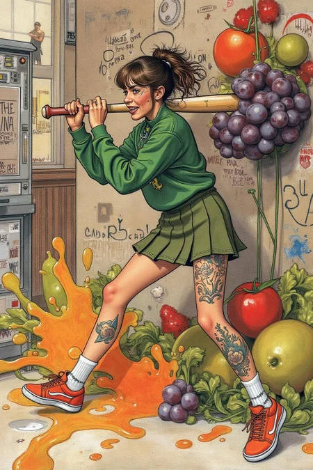 car1ar painting.
liquid splash, cartoonish juicy fruits chaos, dynamic pose, dynamic camera, a fashion shoot, an illustration of a woman threateningly holding a baseball bat in her hands, full body tattoo, wearing green short sweater, miniskirt, knee socks, orange sneakers, aggressive facial expression, wall with graffiti in the background. 
 <lora:car1ar1_cap_d6a3:1.0><lora:825501252969425355:0>