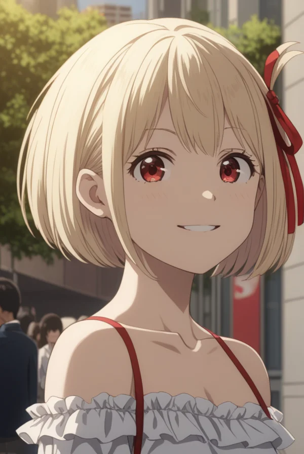 masterpiece, best quality, highres, 4k, 8k, intricate detail, cinematic lighting, amazing quality, amazing shading, soft lighting, Detailed Illustration, anime style,
chisatonishikigi, <lora:chisato-nishikigi-s1-sdxl-lora-nochekaiser:0.75>,
chisato nishikigi, short hair, bangs, blonde hair, red eyes, hair ribbon, one side up, bob cut, smile,
shirt, bare shoulders, twintails, collarbone, hair ribbon, white shirt, frills, off shoulder, red ribbon, short twintails, off-shoulder shirt, frilled shirt,
outdoors, cityscape, crowd, people, 
looking at viewer, full body,