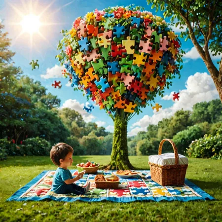 “Family Picnic from Puzzles”.
Picture a cozy scene of a family picnic in the park where all the elements - people, trees, food basket and even the clouds in the sky - are made up of jigsaw puzzles. Some of the puzzles are not yet in place, and they float in the air, giving the impression that the picture is not yet complete. In the center of the scene is a child trying to fit the last puzzle into the image of the sun.