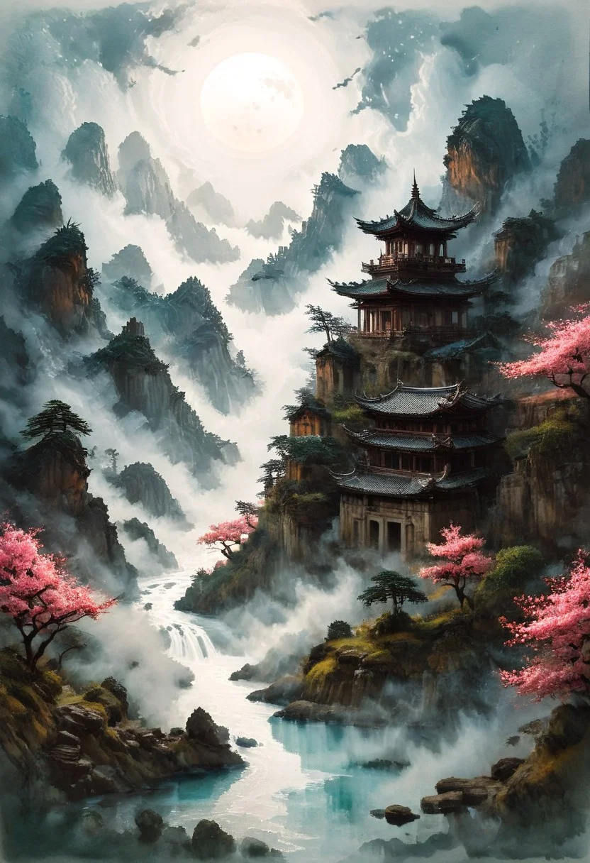 (Ink illustration on parchment, watercolor, ink splashes, Ukiyo-E). ((watercolor)), ((Chinese landscape)), (Chinese village, town, settlement, houses, streets, Pagodas), Red-Trees, landscape focus, small figure off-side, Japanese landscape, Rivers, Lake, Clouds, with watercolor washes, (((sakura forest landscape))), (((mist, waterfalls))), ((pink trees, sakura trees, vivid pink treetops)), (((full moon, moonbeams))), endless sakura forests that stretch outward to the horizon, dotted with the ruins of an ancient destroyed civilization, crumbling stone, degraded buildings and temple, a long magical aurora borealis stretching across the sky, a broken moon high in the sky partially turned into an asteroid belt, a Saturn-like ringed-planet world, flickers of magical energy illuminating the land, in the far distance a giant wall of smoke is rising from the shattered earth in which a multitude of faces are forming and screaming, Ink splashes, rough ink sketch, Ghibli style, high contrast, stylized, dark skin, close up on face, head and shoulder, leather medieval top with lowered hood, Art Nouveau Style, detailxl, BadDream, dioramas,