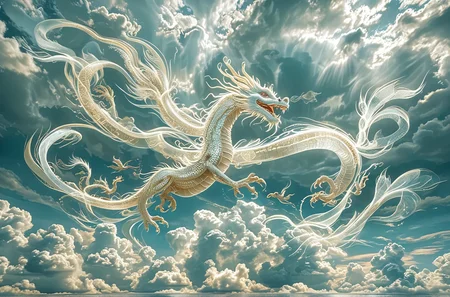 Close up photo of a ((white chinese dragon)) flying in the sky, reflections in the water, in the style of double exposure, Art Nouveau, long exposure, layered lines, chiaroscuro, the best quality, masterpiece, absurdres, Long_Exposure ral-exposure, i <lora:ral-exposure-sdxl:0.700000>
