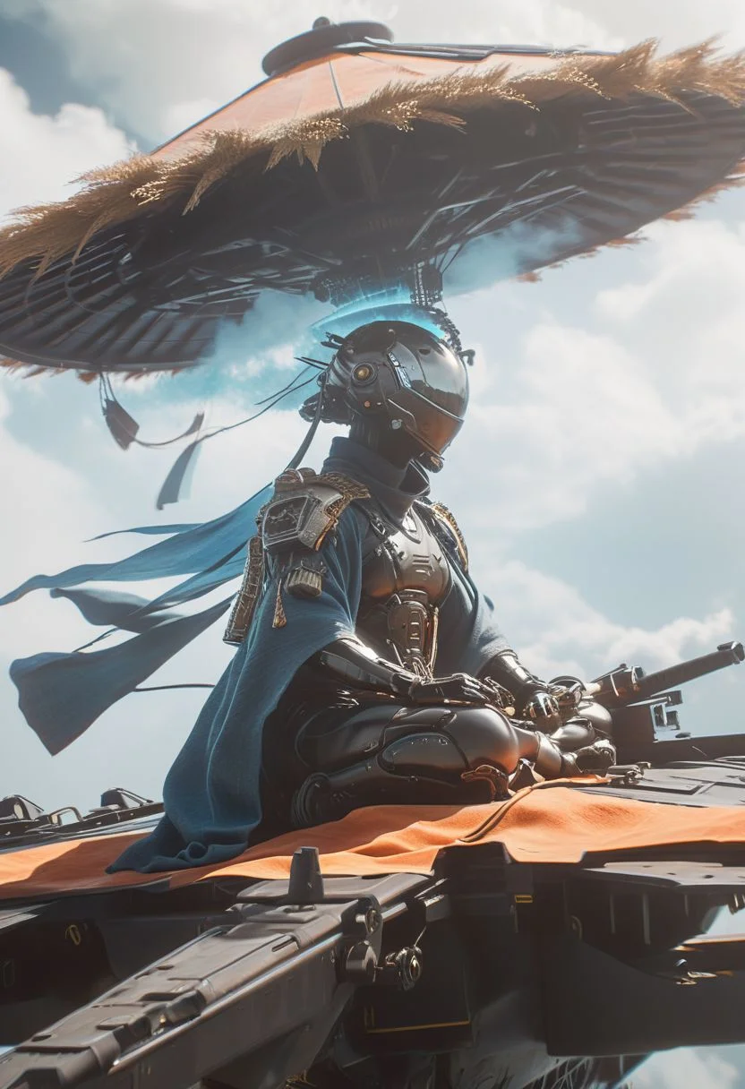 Capture the essence of transcendence and power in the stillness of a cyborg samurai meditating atop the wing of a colossal airborne carrier, piercing through the dense clouds. Cloaked in sun-bleached linen, adorned with a towering sedge hat veiling his face, his metallic intricacies faintly aglow in translucent orange, amidst a world of ethereal heights and serenity.
creating a hyperpunk scene with desaturated dark red and blue details, colorful (polaroid:0.7) with vibrant colors, (vacations, high resolution:1.3), (small, selective focus, european film:1.2), closeup
