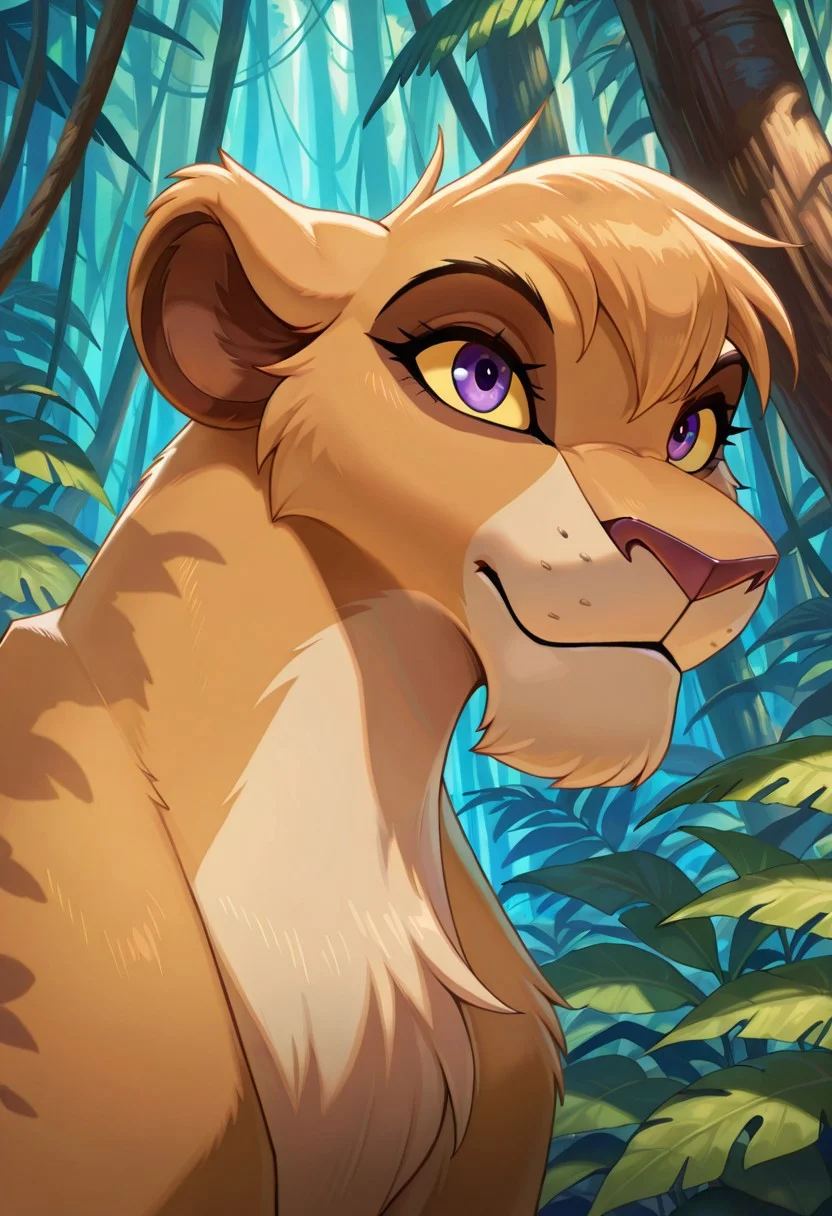 score_9, score_8_up, score_7_up, score_6_up, best quality, highly detailed, detailed fur, detailed background, Solo, Furry, female, feral, lioness, Vitani, purple eyes, yellow sclera, in the jungle,