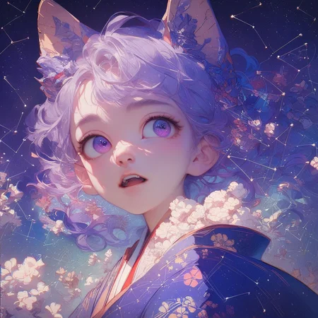 aaPO8bd, score_9,score_8_up,score_7_up,score_6_up,score_6_up, 1girl, eye focus, bangs, purple eyes, closed-up, light particles, open mouth, eyelashes, teeth, fox, kimono, constellation, aesthetic, gorgeous, cute