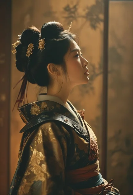 medium shot of japanese samurai geisha, beautiful , looking up, leather armour, silk robe, soft lighting, film grain, from above, upper body, epiCPhoto, <lora:pytorch_lora_weights:0.5>, <lora:age_slider_v2:1>, <lora:nagachichiD:0.6>, <lora:FilmVelvia3:0.3>, <lora:more_details:0.6>