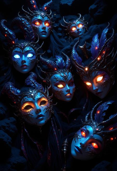 This high-resolution CGI illustration, rendered in a realistic, hyper-realistic style, depicts a council of enchanted masks. Each mask, floating in the darkness, is ornately decorated with gemstones, feathers, and metallic details, each representing a mythical being. The masks emit soft glows of different colors, their eye holes filled with tiny, glimmering constellations. The masks appear to be whispering secrets, creating a haunting yet mesmerizing effect.