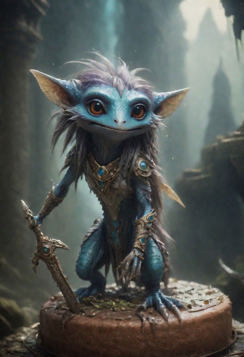 photography in the style of Labirynth, the dark crystal  movies, pokemon, close up of (cute) and (fantasy) creature with a (diminute) sword stained with (intrincated detailed:1.5), in a beautiful and ruined ,fantasy,hyper detailed, real skin imperfections, hard lighting, bokeh, ((curi:1.2))(inspire forms in most beautiful New race:1.4) (beautiful:1.4) (ambient fantasy:1.0)(hultrarealistic:1.5),art by mooncryptowow(the creature is coming out of a huge cake:1.4)
