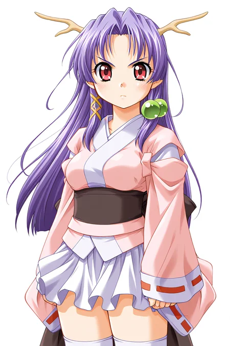 masterpiece, best quality, absurdres, official art, official style, general BREAK <lora:shizuna-torakapu_IL_v1-1:0.7>, shizuna, 1girl, solo, red eyes, purple hair, very long hair, parted bangs, hair intakes, sidelocks, hair bobbles, x hair ornament, medium breasts, dragon girl, dragon horns, japanese clothes, pink kimono, short kimono, long sleeves, wide sleeves, detached sleeves, red ribbon, ribbon-trimmed sleeves, obi, black sash, back bow, black bow, white skirt, miniskirt, pleated skirt, kimono skirt, zettai ryouiki, white thighhighs,
blush, >:, angry, closed mouth, looking at viewer, serious, standing, v-shaped eyebrows, wind lift