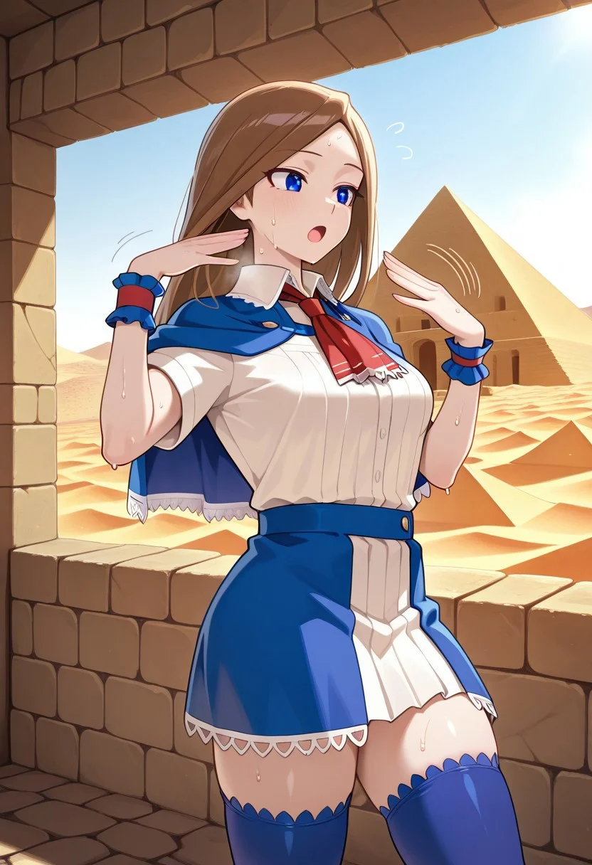 Solo, indoors, Castle, stone walls, Charlotte_Aulin, blue capelet, skirt, blue thighhighs, solo, outdoors, desert, pyramids, sand dunes, sweating, fanning self, open mouth, cowboy shot,