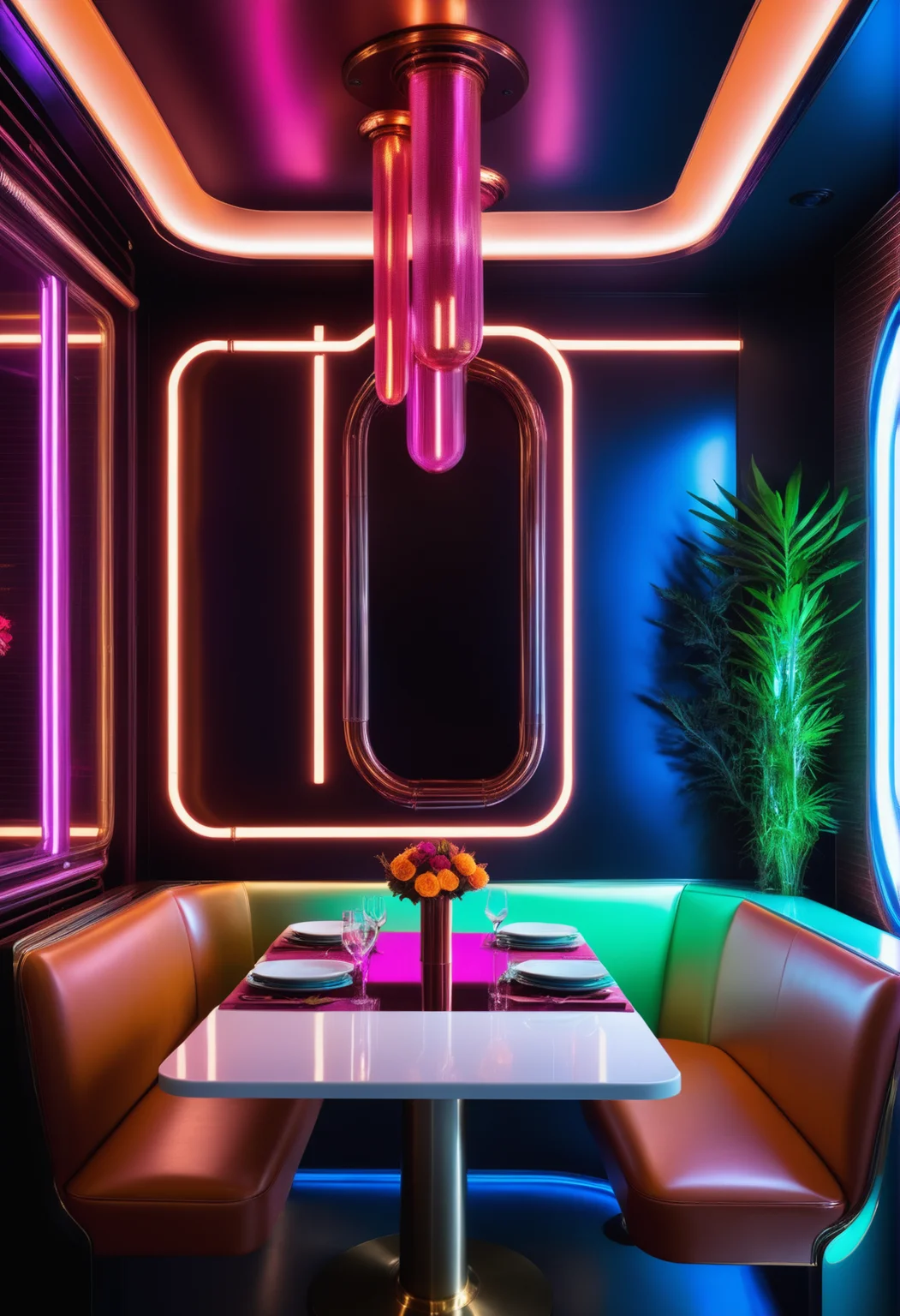 masterpiece, high quality,, a reij dining room, neon color and ambient neon light, rusty details <lora:reij-neonelegance:0.7>