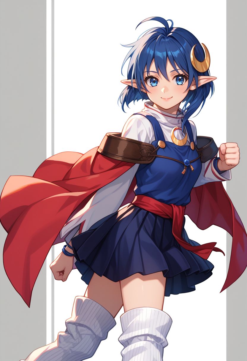 score_9, score_8_up, score_7_up, score_6_up, detailed eyes, beautiful, detailed background, perfect eyes,
source_anime, very aesthetic, anime coloring, anime screencap,
<lora:HandFineTuning_XL:1>
<lora:add-detail-xl:1>
BREAK,
simple background,
cowboy shot, confident smile, dynamic angle, clenched fest, knuckle dusters, fighting stance,
BREAK,
<lora:rena_pdxl_v02:0.9> 
rena lanford, short hair, blue hair, blue eyes, pointy ears, crescent hair ornament, loose socks, white shirt, skirt, white legwear, bending, cape, red cape, ahoge,  long sleeves, turtleneck,