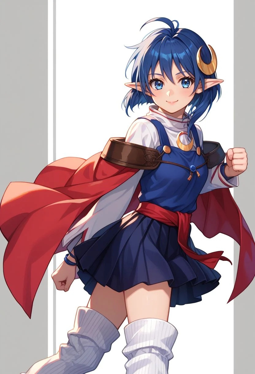 score_9, score_8_up, score_7_up, score_6_up, detailed eyes, beautiful, detailed background, perfect eyes,
source_anime, very aesthetic, anime coloring, anime screencap,
<lora:HandFineTuning_XL:1>
<lora:add-detail-xl:1>
BREAK,
simple background,
cowboy shot, confident smile, dynamic angle, clenched fest, knuckle dusters, fighting stance,
BREAK,
<lora:rena_pdxl_v02:0.9>
rena lanford, short hair, blue hair, blue eyes, pointy ears, crescent hair ornament, loose socks, white shirt, skirt, white legwear, bending, cape, red cape, ahoge, long sleeves, turtleneck,