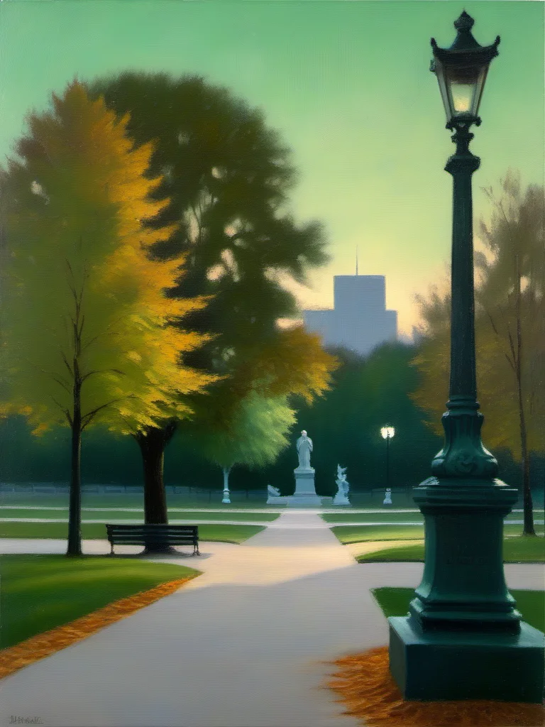 <lora:03realismPainting_Hap_XL:1>,realism,American art,oil painting,peaceful, urban park, statue, trees, path, autumn, dusk, cityscape, skyline, green sky, warm colors, impressionism, soft light, atmospheric, urban nature, tranquil, open space,