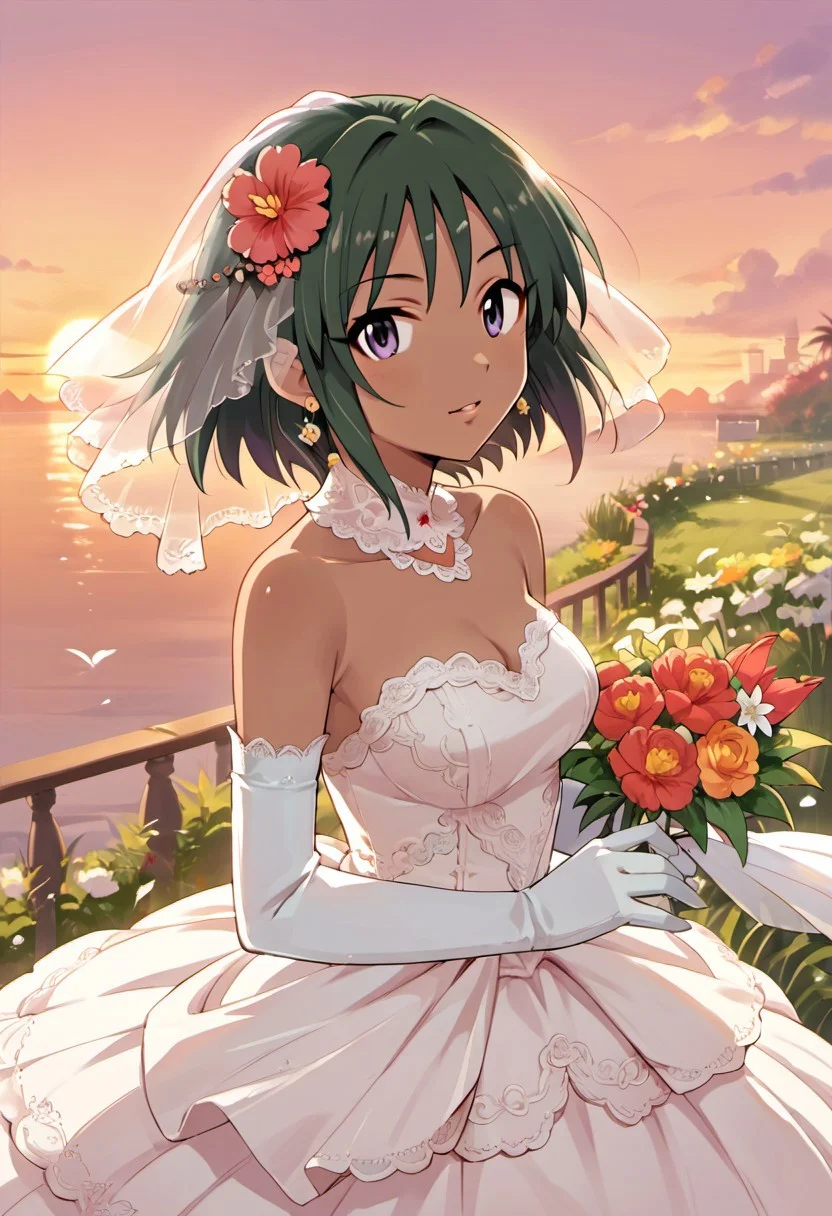 score_9, score_8_up, score_7_up, source_anime, natalia, short hair, dark-skinned female, dark skin, purple eyes, green hair, 1girl, flower, hair flower, dress, gloves, hair ornament, solo, elbow gloves, jewelry, wedding dress, sunset, earrings