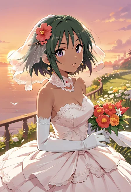 score_9, score_8_up, score_7_up, source_anime, natalia, short hair, dark-skinned female, dark skin, purple eyes, green hair, 1girl, flower, hair flower, dress, gloves, hair ornament, solo, elbow gloves, jewelry, wedding dress, sunset, earrings